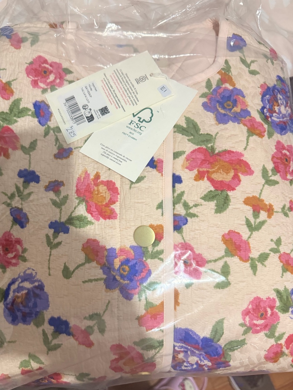 Sezane Cream Quilted Bomber Jacket with Pink & Blue Floral Print - Picture 4 of 6